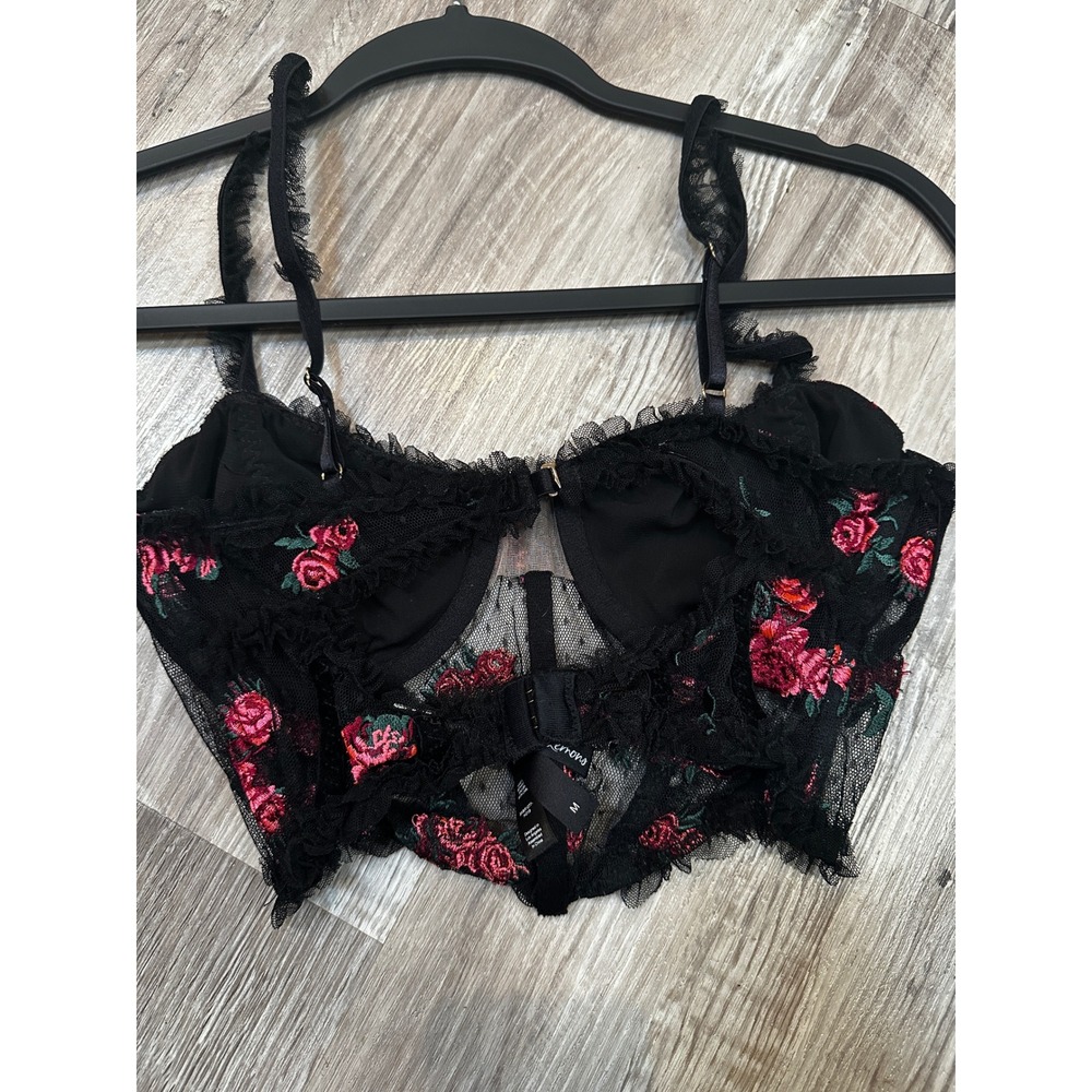 For Love & Lemons Black Red Rose Embroidered Mesh Corset Bustier Crop Top Medium - Picture 6 of 8